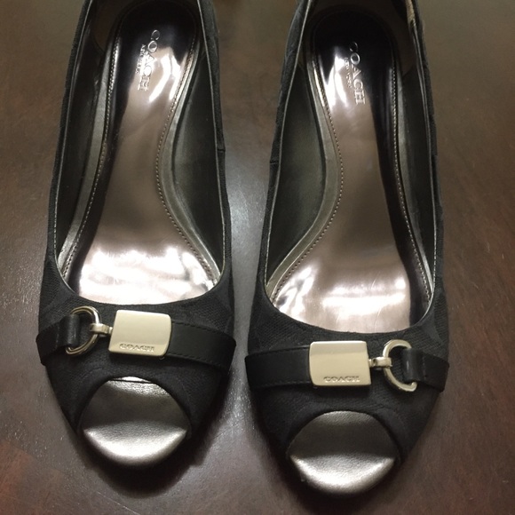 Black Coach peep toe wedges with silver hardware - Picture 1 of 4
